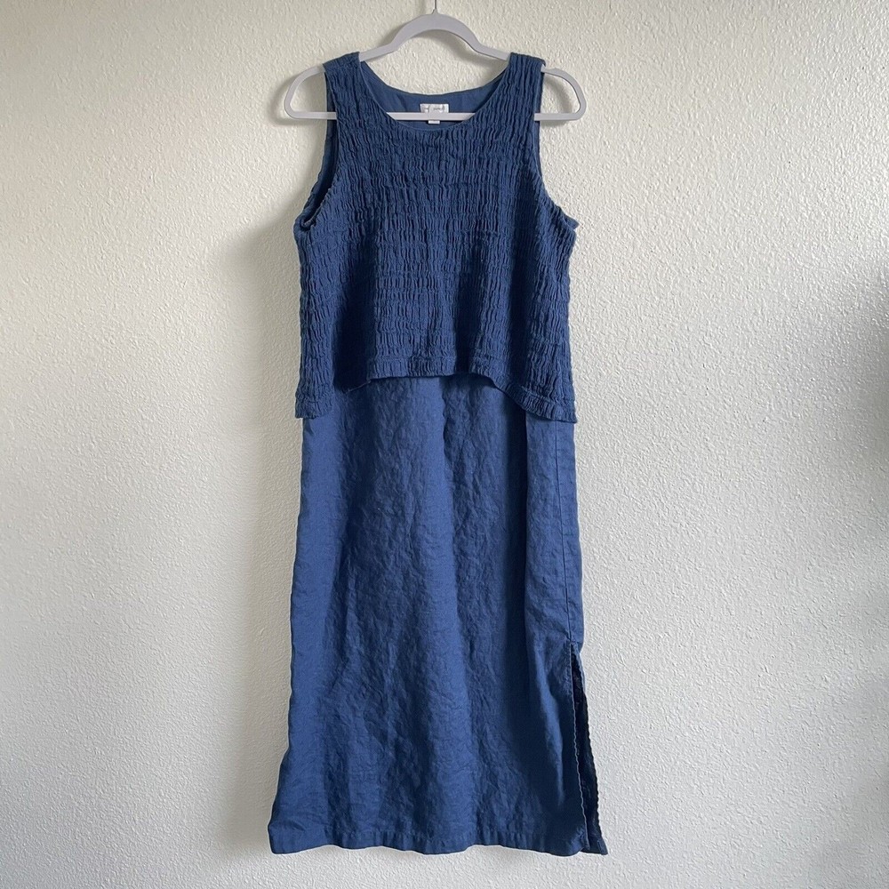 Pure J. Jill Dress Women Medium Batik Blue Maxi Layered Sleeveless 100% Linen
